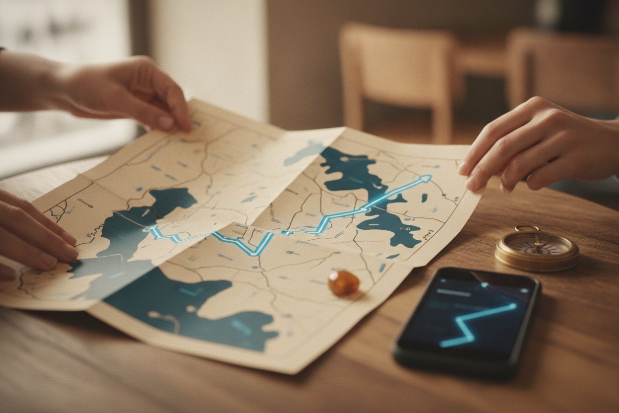 Hands unfolding a printed travel map beside a phone and a compass
